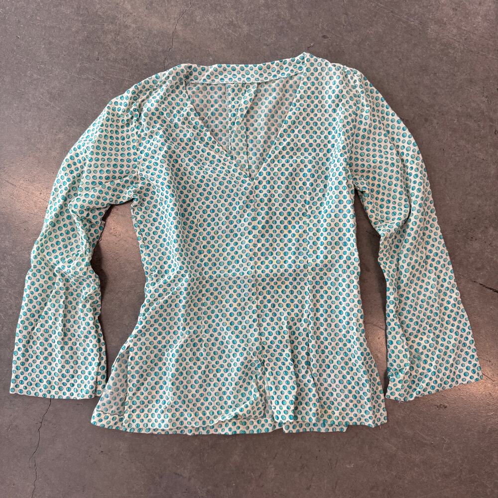 Vintage Y2k 80's Teal Bell Sleeve Polka Dot Women's Longsleeve Blouse Medium